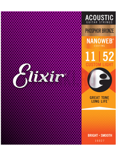 Струны для акустической гитары Elixir 16027 Phosphor Bronze Nanoweb Custom Light 11-52