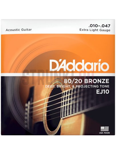 Струны для акустической гитары D'Addario Bronze 80-20 EJ10, набор из 3 упаковок 10-47