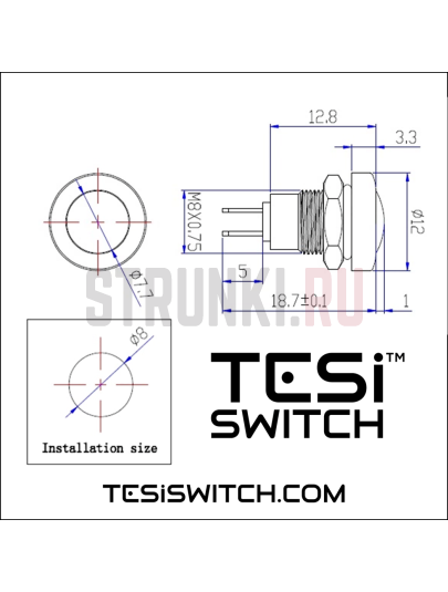 Kill Switch для электрогитары Tesi MICRO Metal, Momentary, черный, 8мм