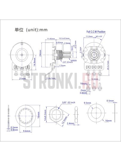 Потенциометр Parts CTS Copy A250K, длина резьбы 6мм