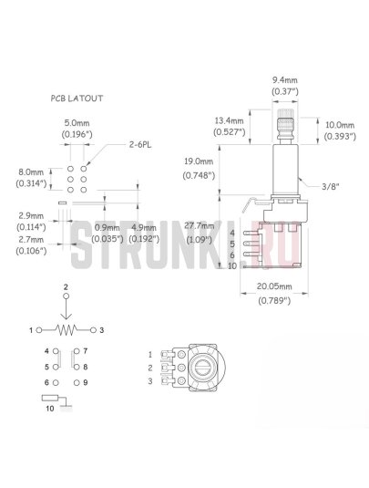 Partsland VPP319-B500K-I потенциометр PUSH-PULL B500K, длина резьбы 19мм