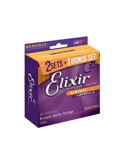 Струны для акустической гитары Elixir 16538 80-20 Bronze Nanoweb Custom Light 3-Pack 11-52